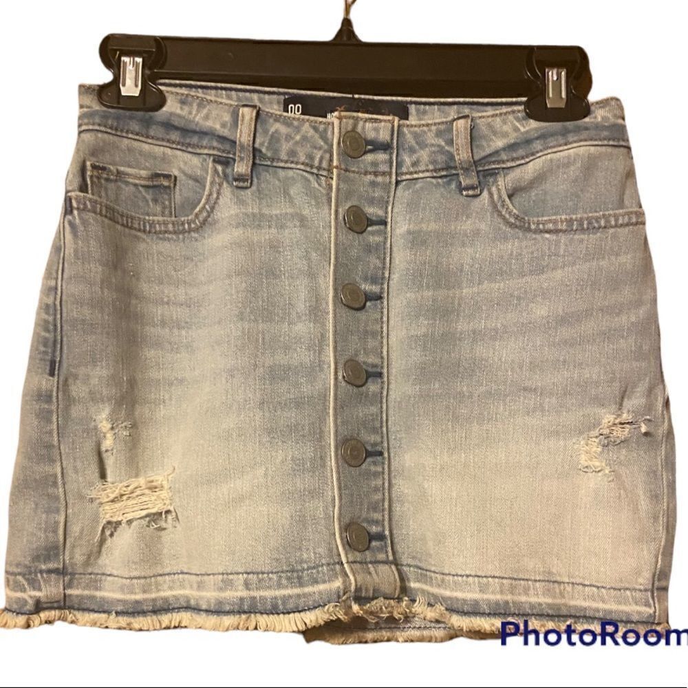Hollister 5 Pocket Distressed Button Front Denim Jean Skirt Size 00‎